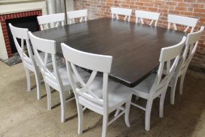 72 inch square table with pedestal and X-back chairs