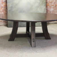 reclaimed wood table with modern curved timberland pedestal