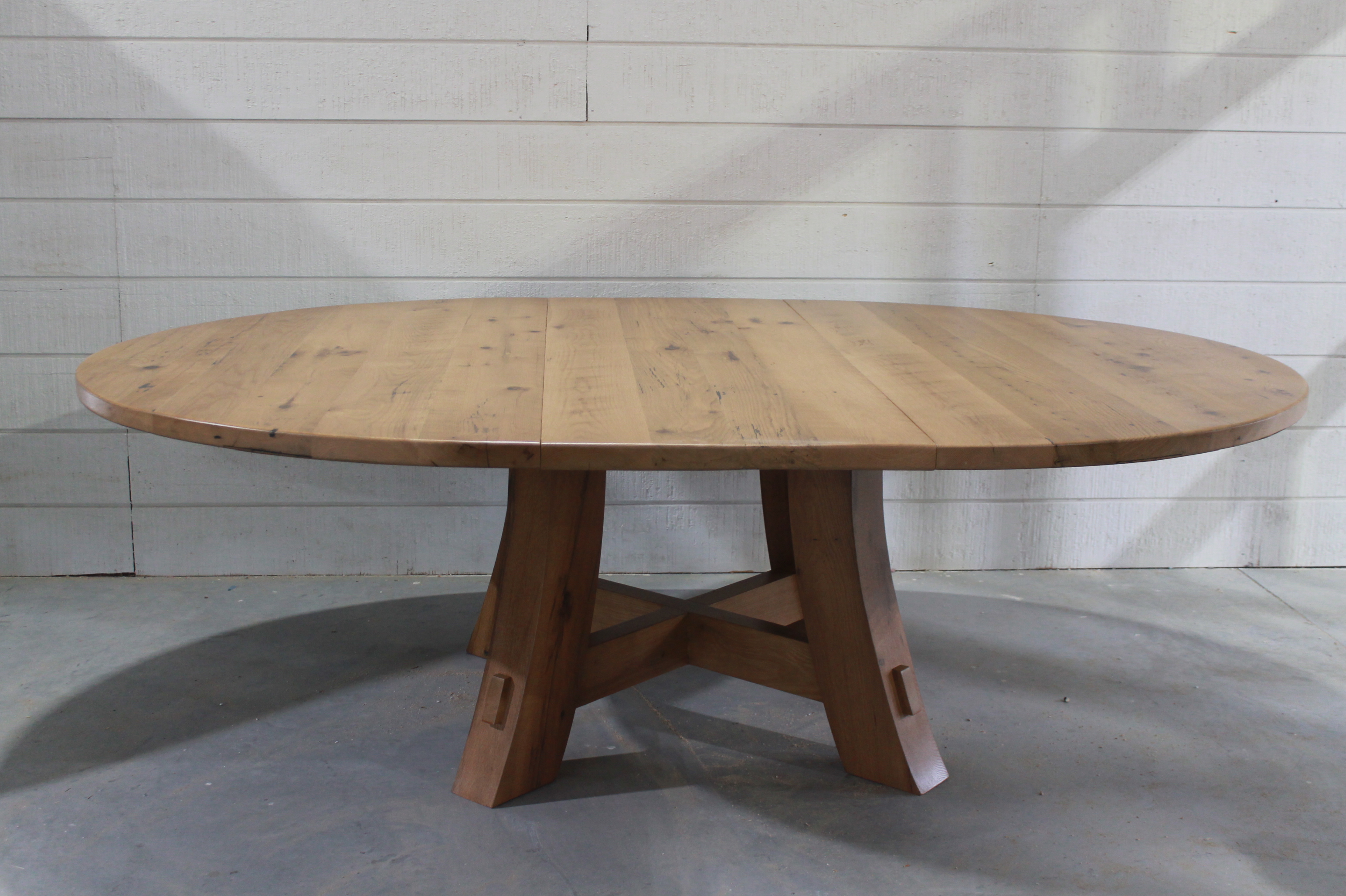Large Round Reclaimed Oak Table With Modern Pedestal Extension Leafs Up To 24 Wide Sizes Up To 84 Round With Multiple Pedestal Options Call For More Information Custom Pedestals Optional